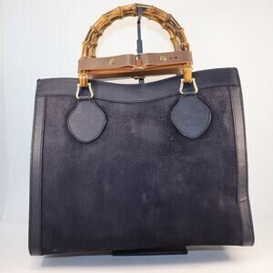 Vintage Gucci Diana Bamboo Handle Tote Bag Navy Suede w/ Custom Handle Shapers